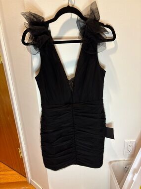 Lulu's Black Ruched V-Neck Mini Dress with Tulle Shoulder Ruffles
